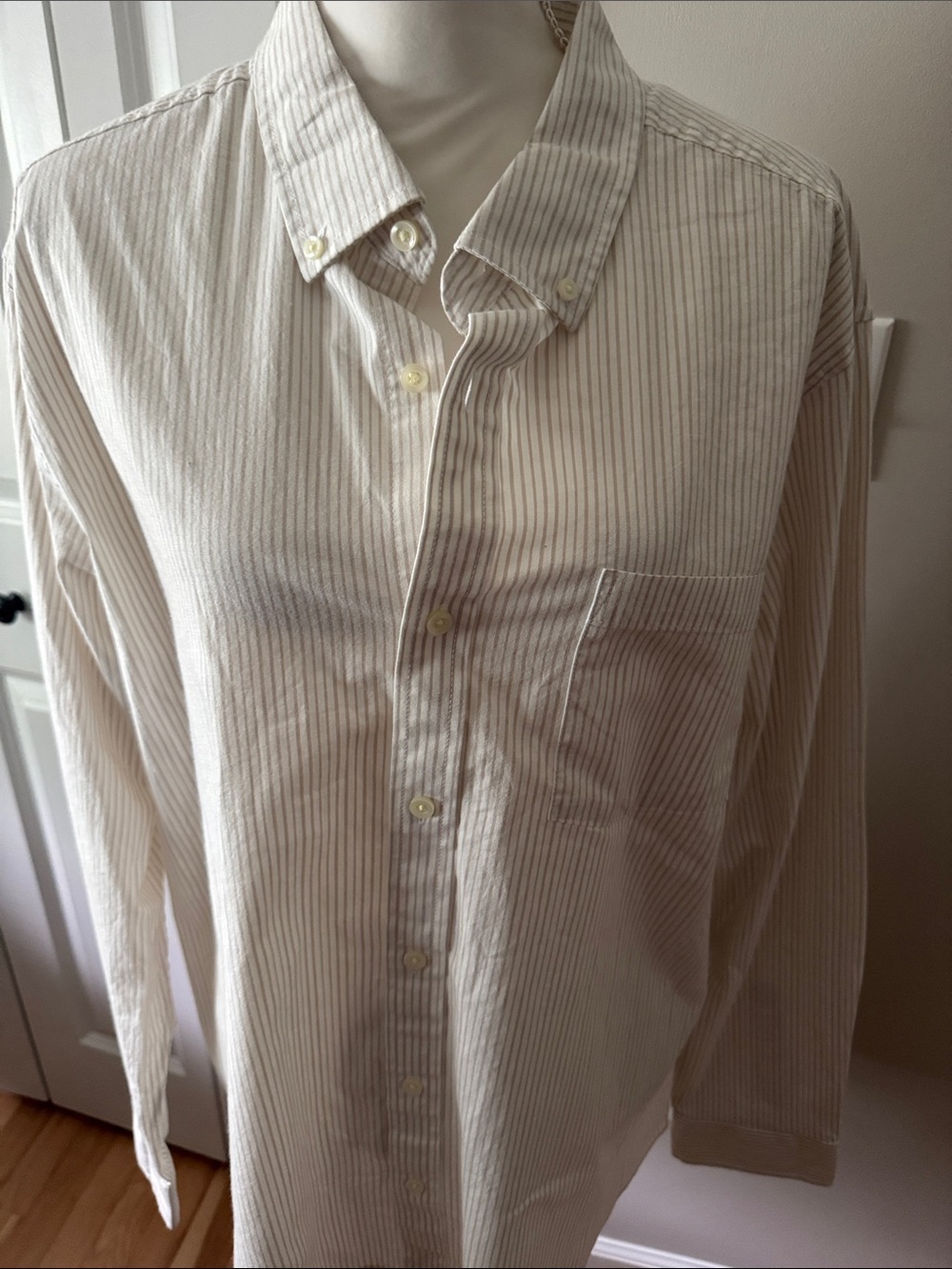 Men's Classic Button-Down Shirt in Ivory with Thin tan Stripes slim fit